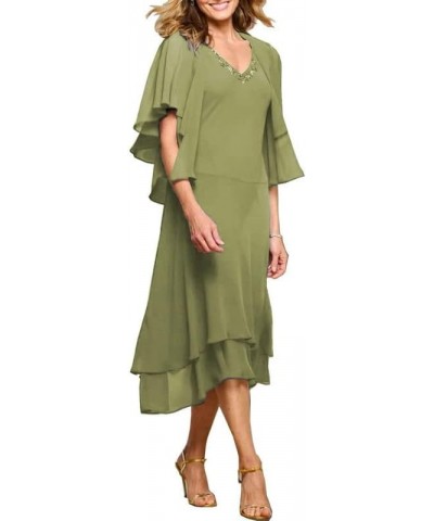 Mother of The Bride Dresses with Jacket 2 Piece Ruffles Mother of The Bride Dress Tea Length Beaded V Neck Chiffon Olive $42....