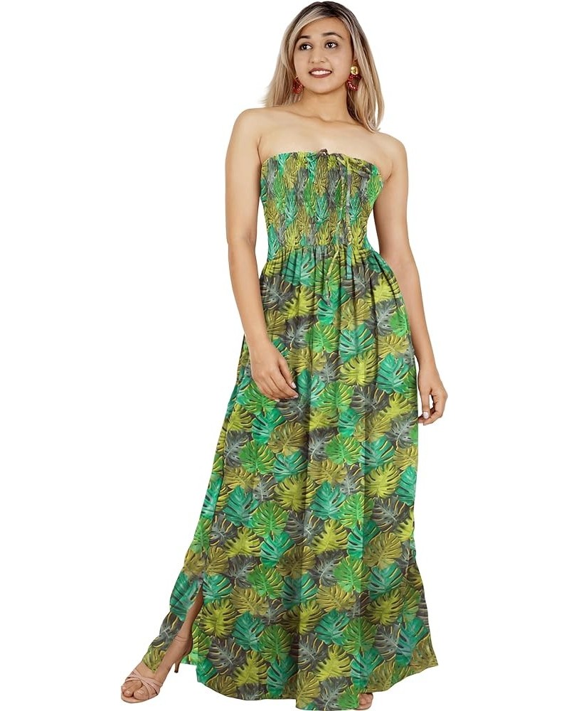 Women's Beach Maxi A Line Casual Summer Party Strapless Tube Top Dress Leaves, Green $11.48 Dresses