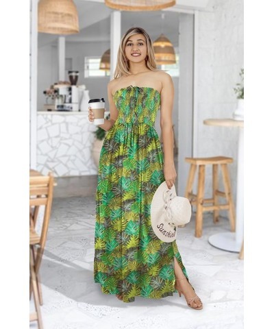 Women's Beach Maxi A Line Casual Summer Party Strapless Tube Top Dress Leaves, Green $11.48 Dresses