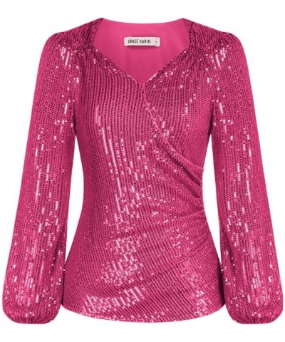 Womens Sparkly Sequin Top Long Sleeves Glitter Blouse V Neck Ruched Sparkle Dressy Party Club Tops Rose Red $26.40 Blouses