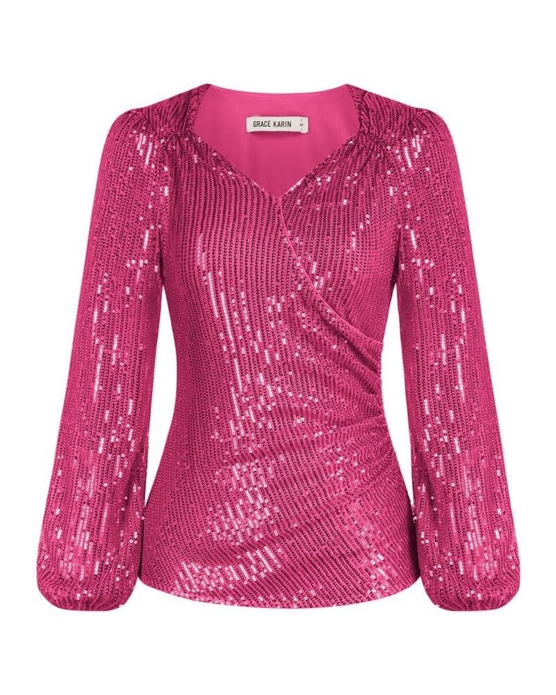 Womens Sparkly Sequin Top Long Sleeves Glitter Blouse V Neck Ruched Sparkle Dressy Party Club Tops Rose Red $26.40 Blouses