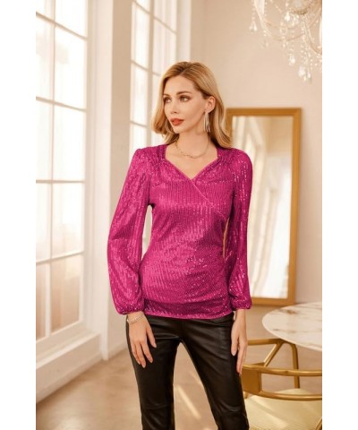 Womens Sparkly Sequin Top Long Sleeves Glitter Blouse V Neck Ruched Sparkle Dressy Party Club Tops Rose Red $26.40 Blouses