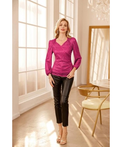 Womens Sparkly Sequin Top Long Sleeves Glitter Blouse V Neck Ruched Sparkle Dressy Party Club Tops Rose Red $26.40 Blouses