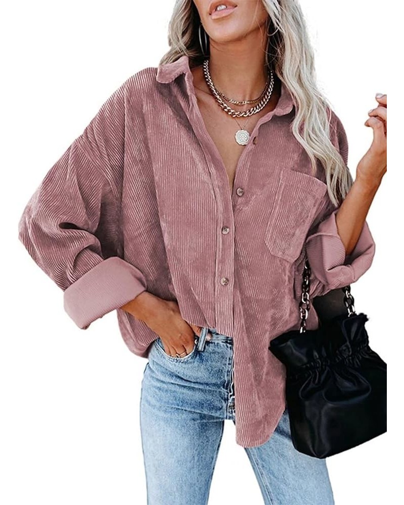 Corduroy Button Down Shirts for Women Boyfriend Long Sleeve Pocket Oversized Blouses Tops Pink $21.44 Blouses