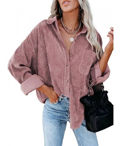 Corduroy Button Down Shirts for Women Boyfriend Long Sleeve Pocket Oversized Blouses Tops Pink $21.44 Blouses