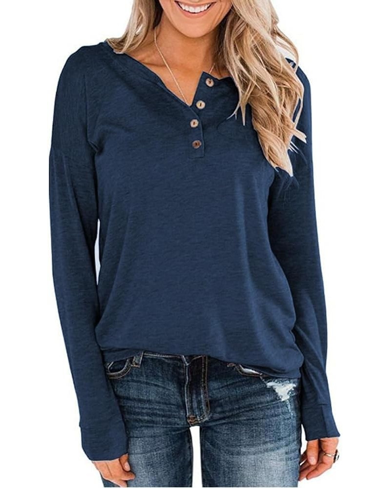 Plain Henley Shirts for Women Button Long Sleeve Tops Tunics Casual Blouses Navy Blue $10.12 Tops