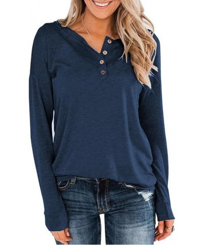 Plain Henley Shirts for Women Button Long Sleeve Tops Tunics Casual Blouses Navy Blue $10.12 Tops