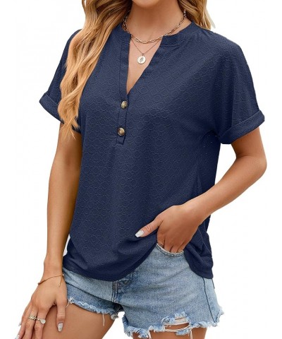 Women's Summer Tops Dressy Casual Short Sleeve Button Down Shirts Loose Fit V Neck Tunic Blouses Navy $13.74 Blouses