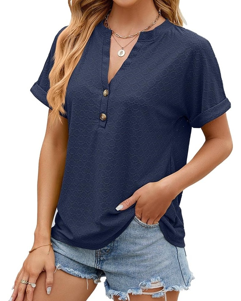 Women's Summer Tops Dressy Casual Short Sleeve Button Down Shirts Loose Fit V Neck Tunic Blouses Navy $13.74 Blouses