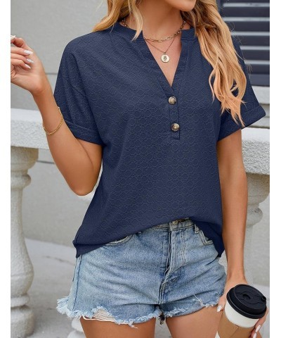 Women's Summer Tops Dressy Casual Short Sleeve Button Down Shirts Loose Fit V Neck Tunic Blouses Navy $13.74 Blouses