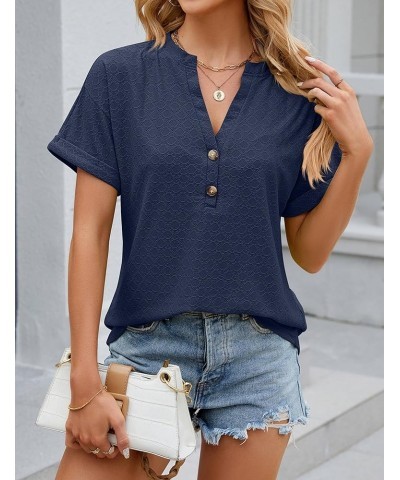 Women's Summer Tops Dressy Casual Short Sleeve Button Down Shirts Loose Fit V Neck Tunic Blouses Navy $13.74 Blouses