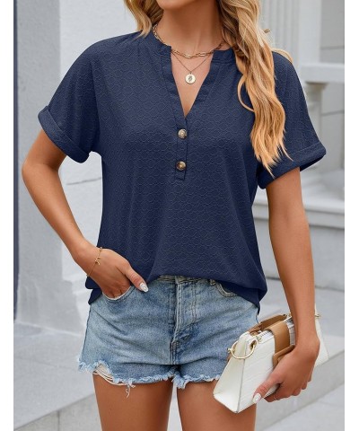 Women's Summer Tops Dressy Casual Short Sleeve Button Down Shirts Loose Fit V Neck Tunic Blouses Navy $13.74 Blouses