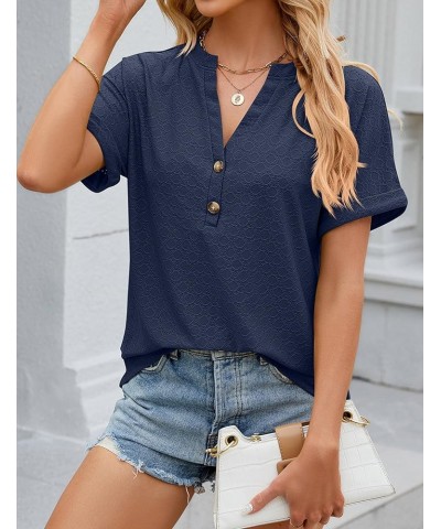 Women's Summer Tops Dressy Casual Short Sleeve Button Down Shirts Loose Fit V Neck Tunic Blouses Navy $13.74 Blouses