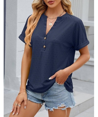 Women's Summer Tops Dressy Casual Short Sleeve Button Down Shirts Loose Fit V Neck Tunic Blouses Navy $13.74 Blouses