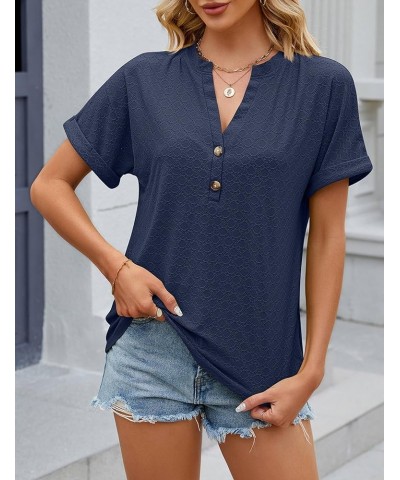 Women's Summer Tops Dressy Casual Short Sleeve Button Down Shirts Loose Fit V Neck Tunic Blouses Navy $13.74 Blouses