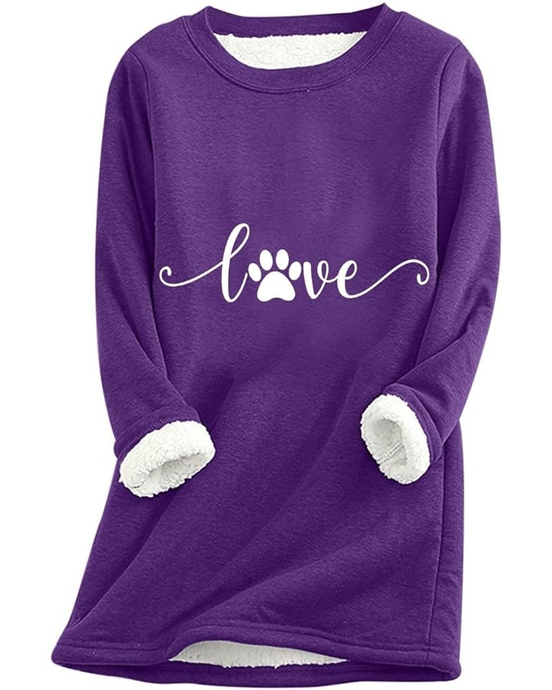 Women's Cute Dog Paw Love Print Sherpa Lined Pullover Warm Fleece Sweatshirt Casual Thermal Sweater Plus Size S-5XL Purple $1...