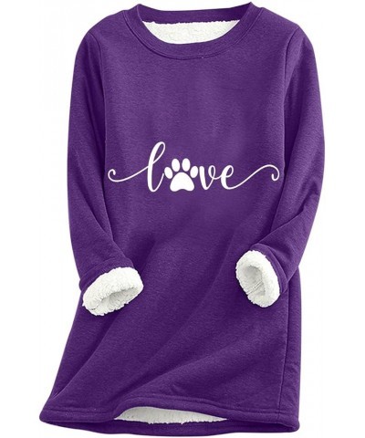 Women's Cute Dog Paw Love Print Sherpa Lined Pullover Warm Fleece Sweatshirt Casual Thermal Sweater Plus Size S-5XL Purple $1...