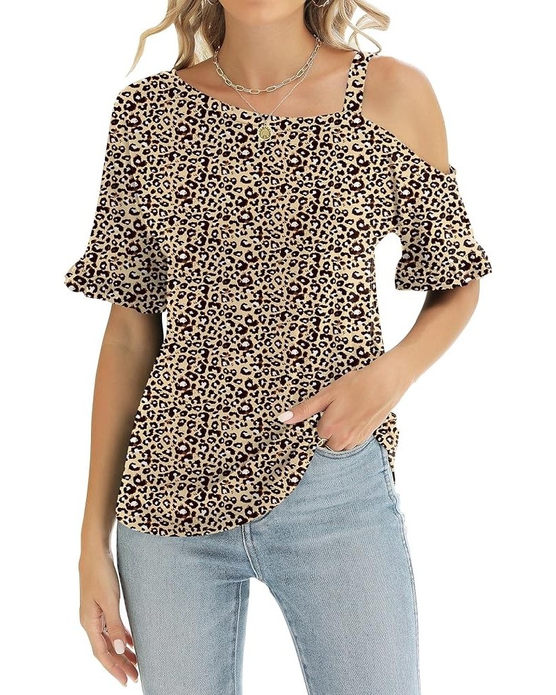 Women's Cold Shoulder Tops Dressy Casual Ruffle Short Sleeve Loose Fit Blouses 2024 Trendy Leopard Floral $12.74 Blouses