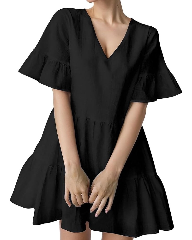 Women's Bell Sleeve Ruffle Hem V Neck Dress Loose Cute Mini Dress Black $18.19 Dresses