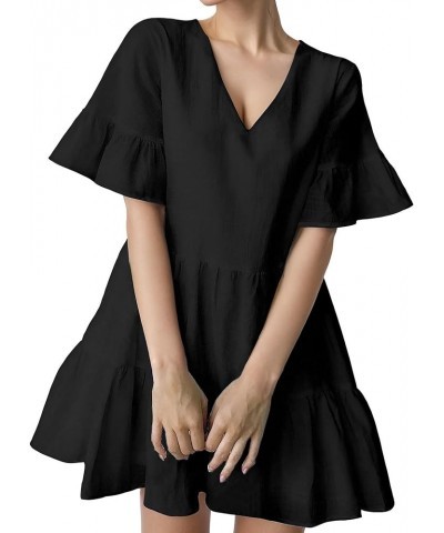 Women's Bell Sleeve Ruffle Hem V Neck Dress Loose Cute Mini Dress Black $18.19 Dresses