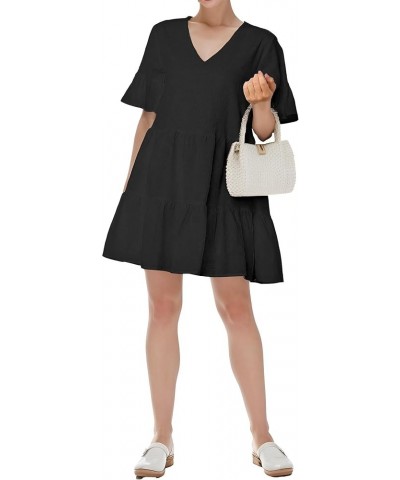 Women's Bell Sleeve Ruffle Hem V Neck Dress Loose Cute Mini Dress Black $18.19 Dresses