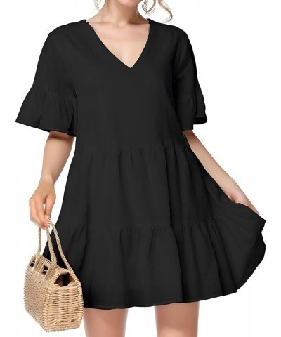 Women's Bell Sleeve Ruffle Hem V Neck Dress Loose Cute Mini Dress Black $18.19 Dresses