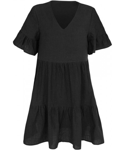 Women's Bell Sleeve Ruffle Hem V Neck Dress Loose Cute Mini Dress Black $18.19 Dresses