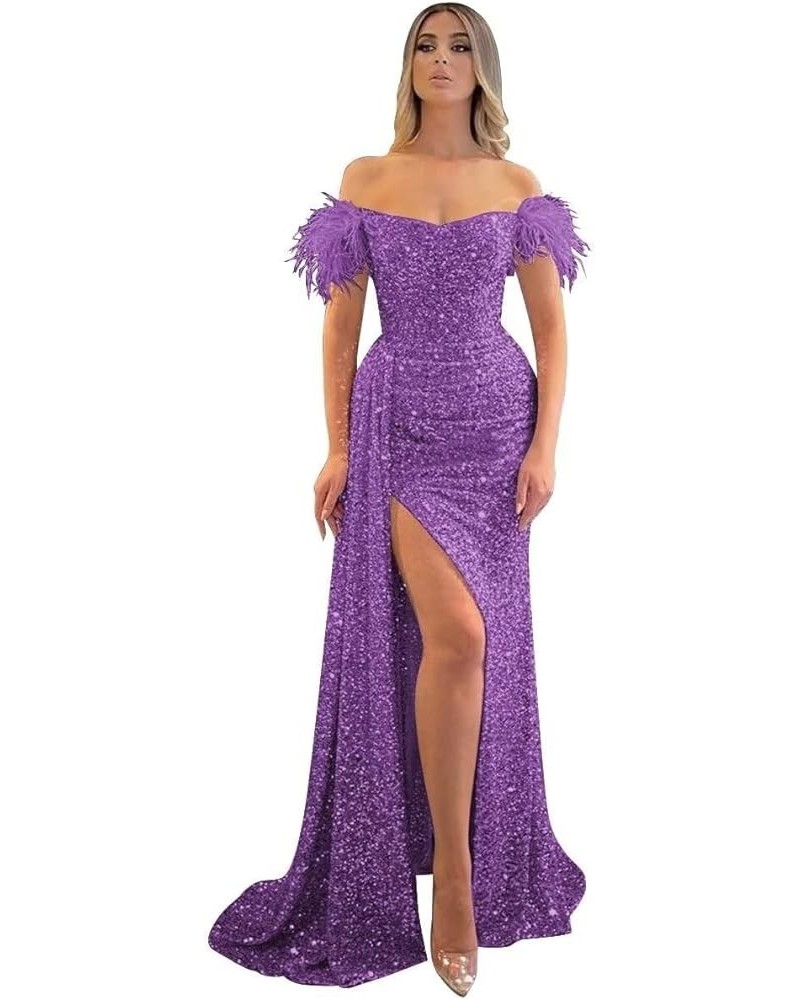 Feather Sequin Prom Dress for Women Off Shoulder Mermaid Formal Evening Gown with Slit QM1014 Purple $34.44 Others