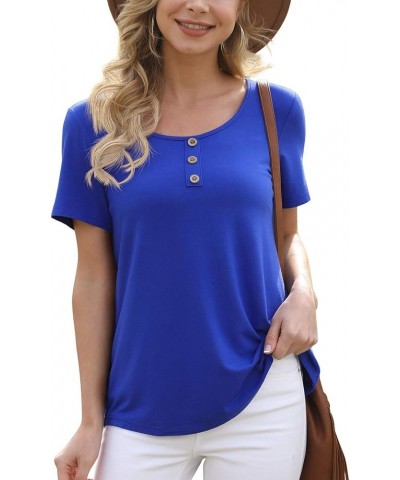 Women's Summer Floral Tunic Tops Casual Blouse Short Sleeve Buttons Up T-Shirts 18 Royal Blue $12.25 Blouses