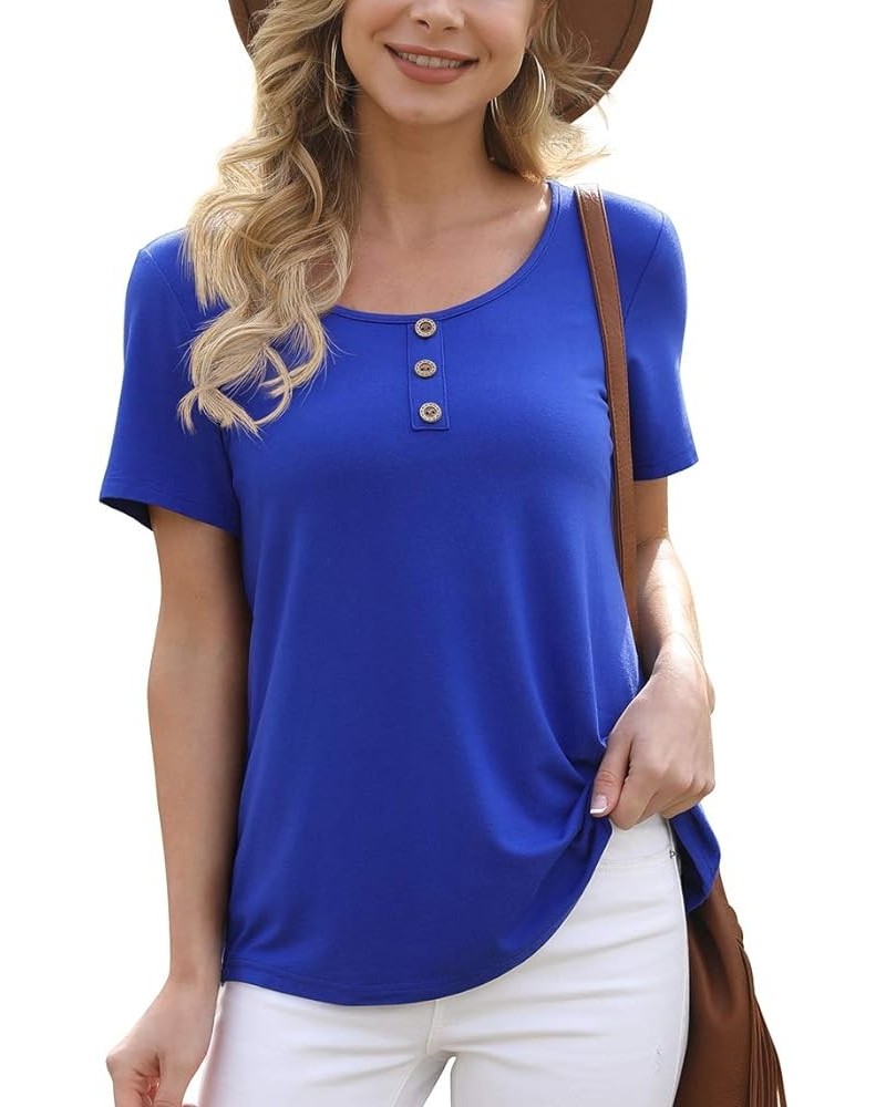 Women's Summer Floral Tunic Tops Casual Blouse Short Sleeve Buttons Up T-Shirts 18 Royal Blue $12.25 Blouses