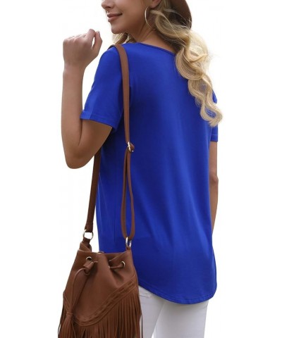 Women's Summer Floral Tunic Tops Casual Blouse Short Sleeve Buttons Up T-Shirts 18 Royal Blue $12.25 Blouses