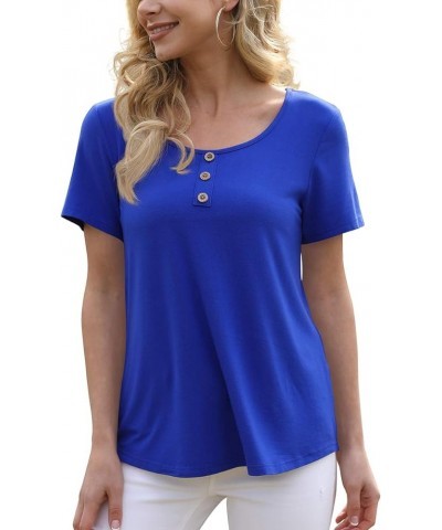 Women's Summer Floral Tunic Tops Casual Blouse Short Sleeve Buttons Up T-Shirts 18 Royal Blue $12.25 Blouses