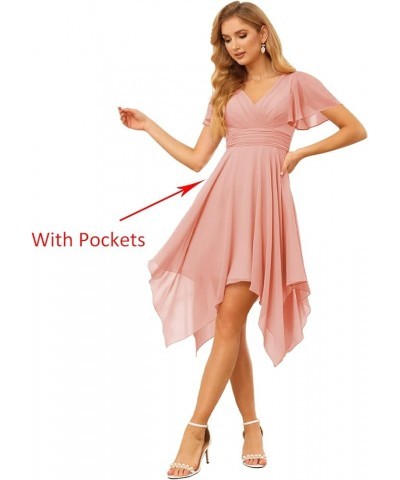 V Neck Short Bridesmaid Dresses with Sleeves Ruched Chiffon A-Line Cocktail Dress for Women with Pockets White $34.19 Dresses