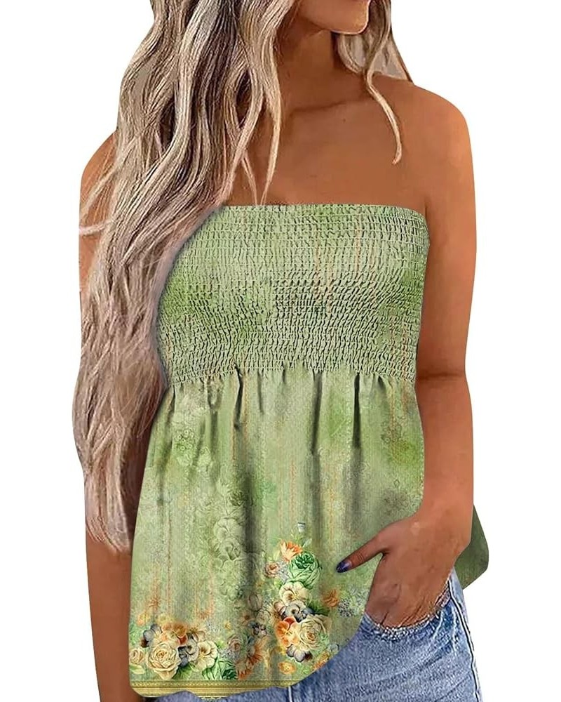 Tube Top Womens Strapless Bandeau Tank Tops Floral Tanks Smocked Ruffled Backless Casual Bandeau Sleeveless Shirts Green $10....