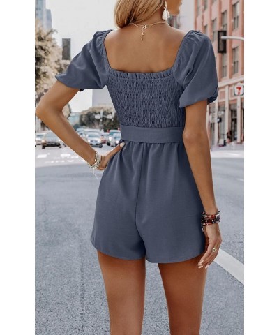 Womens Rompers Smocked High Waist Ruffle Sleeves Short Outfits Jumpsuits with Belt 143grey Blue $16.11 Rompers