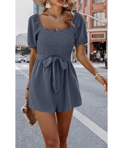 Womens Rompers Smocked High Waist Ruffle Sleeves Short Outfits Jumpsuits with Belt 143grey Blue $16.11 Rompers