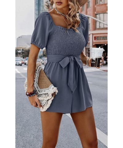 Womens Rompers Smocked High Waist Ruffle Sleeves Short Outfits Jumpsuits with Belt 143grey Blue $16.11 Rompers