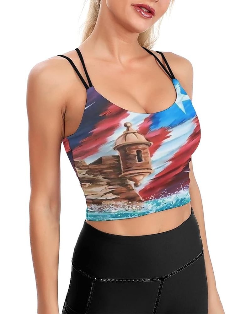 Women's Sport Tank Top Puerto Rico Flag Tshirt Yoga Sport Tops Bra Padded Cup Gym Shirts - Puerto Rico Flag Ocean $9.50 Lingerie