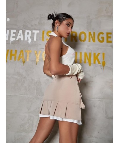 Women's Party High Waist Mini Skirt A Line Short Pleated Skirt with Belt Apricot $18.55 Skirts