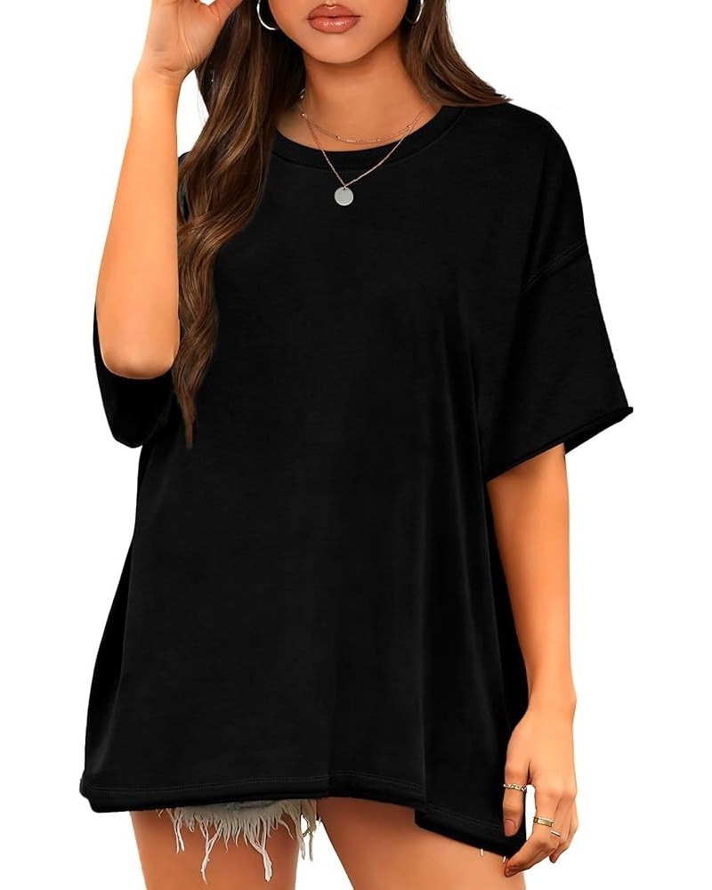 Oversized T Shirts for Women Cotton Short Sleeve Summer Tops Round Neck Basic Tees A-black $11.19 Tops