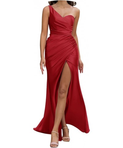 One Shoulder Bridesmaid Dresses for Women 2024 Long Slit Satin Mermaid Prom Dresses Wine Red $34.50 Dresses