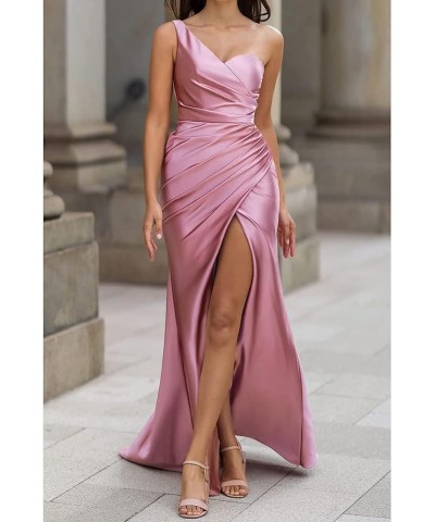 One Shoulder Bridesmaid Dresses for Women 2024 Long Slit Satin Mermaid Prom Dresses Wine Red $34.50 Dresses