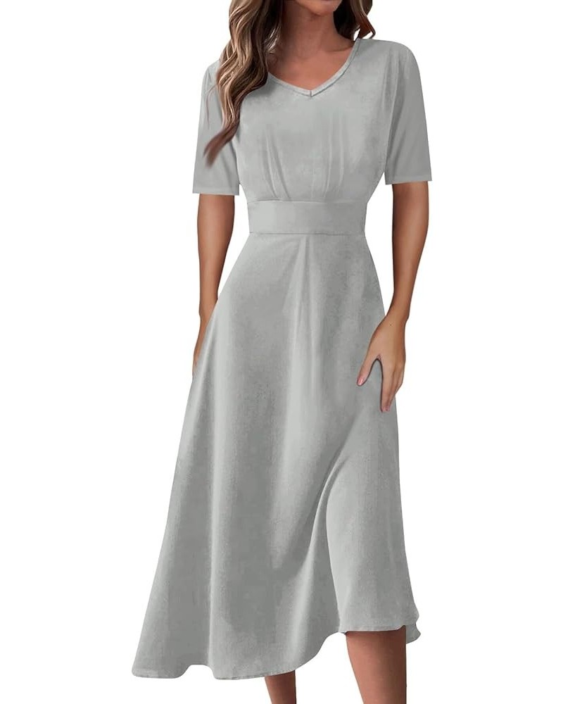 Women's Spring Dresses 2024 Short Sleeve V Neck High Waist Chiffon Dress Summer Swing Maxi Dresses 03-gray $25.64 Others