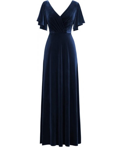 Flutter Sleeve Velvet Bridesmaids Dresses V Neck Women Wedding Long Bridesmaid Dresses for Fall Navy Blue $50.82 Dresses