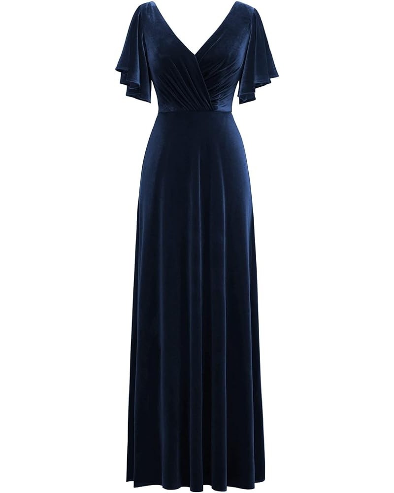 Flutter Sleeve Velvet Bridesmaids Dresses V Neck Women Wedding Long Bridesmaid Dresses for Fall Navy Blue $50.82 Dresses