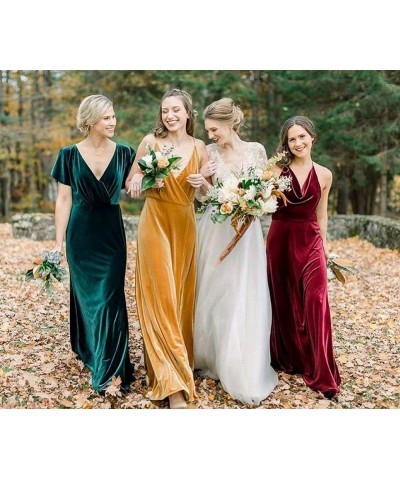 Flutter Sleeve Velvet Bridesmaids Dresses V Neck Women Wedding Long Bridesmaid Dresses for Fall Navy Blue $50.82 Dresses