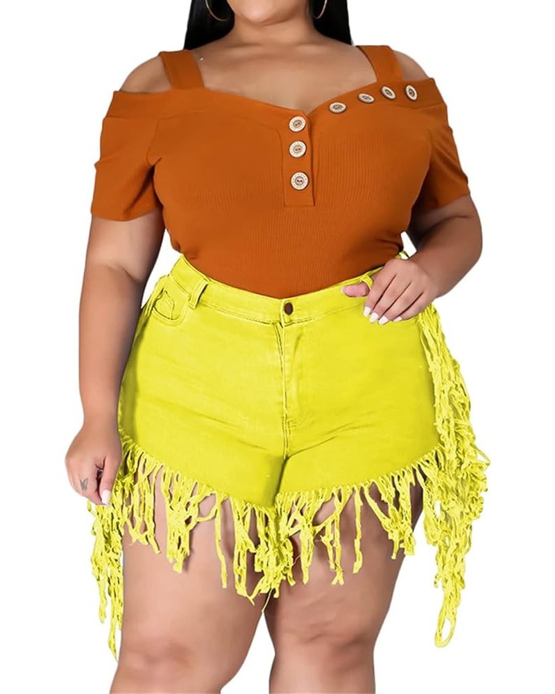 Women's Plus Size Fringe Raw Hem Denim Shorts High Waisted Tassels Stretchy Hem Short Jeans Clubwear Jeans Short Yellow $10.3...