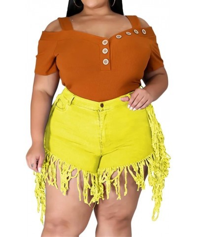 Women's Plus Size Fringe Raw Hem Denim Shorts High Waisted Tassels Stretchy Hem Short Jeans Clubwear Jeans Short Yellow $10.3...