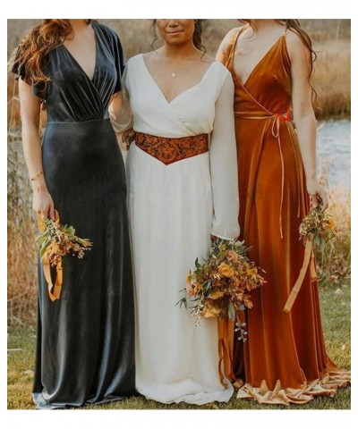 Flutter Sleeve Velvet Bridesmaids Dresses V Neck Women Wedding Long Bridesmaid Dresses for Fall Navy Blue $50.82 Dresses