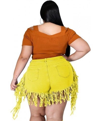 Women's Plus Size Fringe Raw Hem Denim Shorts High Waisted Tassels Stretchy Hem Short Jeans Clubwear Jeans Short Yellow $10.3...